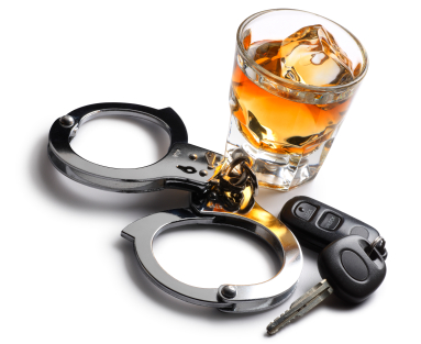 DUI warning: whiskey, car keys, handcuffs